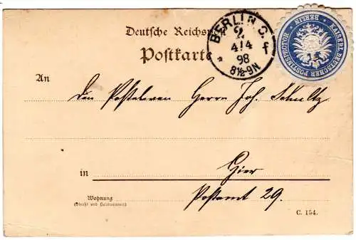 DR 1898, portofreie Karte m. Etikett Kaiserl. Deutscher Postinspector Berlin