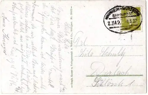 Stuppach, Gesamtansicht, 1932 m. Bahnpost Mannheim-Würzburg gebr. Farb-AK