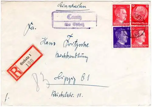 DR 1942, Landpost Stpl. CANITZ über Oschatz auf Einschreiben Brief m. 6+3x12 Pf.