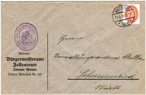 DR 1934, 12 Pf. Dienst auf Zollenreute Bürgermeister Brief m. Stpl. Aulendorf