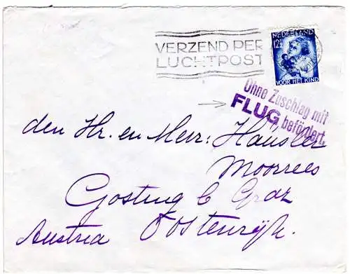 NL 1935, L2 Ohne Zuschlag mit FLUG befördert auf Brief v Amsterdam n. Österreich