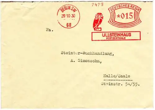 DR 1930, 15 Pf. AFS Ullsteinhaus m. Abb. Eule auf Brief v. Berlin n. Halle. 