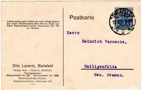 DR 1921, 30 Pf. Germania m. perfin auf Firmen Karte v. Bielefeld