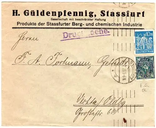 DR 1923, 10+50 Mk. m. perfins auf Firmen Brief v. Stassfurt