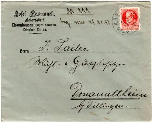 Bayern 1918, 15 Pf auf Firmenbrief v.Thannhausen m. Bahnpost-K1 THANNH CI DSCHRB