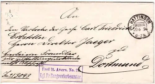 DR 1894, Frei lt. Avers No.21 Kgl. Pr. Bergrevierbeamter, Brief v. Hattingen