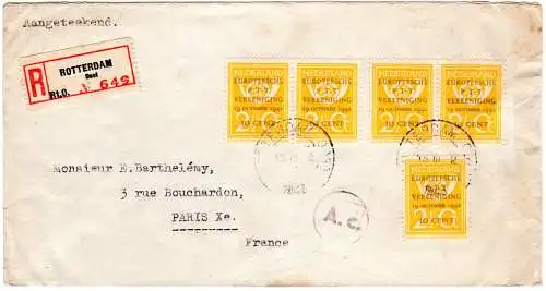 NL 1943, MeF 5x10/2 C. Europa PTT auf Zensur Reko-Brief v. Rotterdam n. Paris