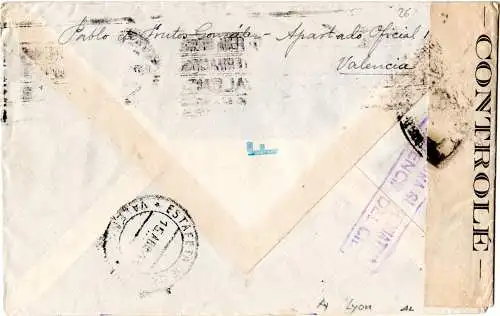 Spanien 1943, 25+50 C.. auf Brief v. Valencia m. Lyon Ay Durchlaufzensur