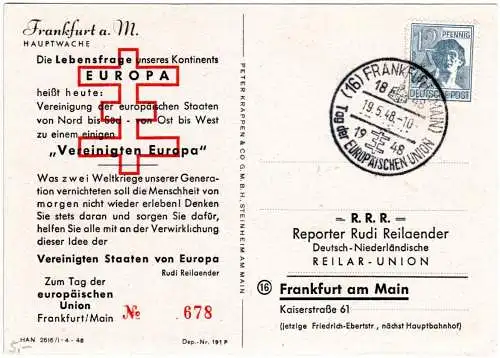 1948, Sonderstempel Tag d. europäischen Union auf limitierter Karte v. Frankfurt