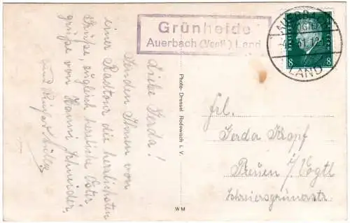 DR 1931, Landpoststpl. GRÜNHEIDE Auerbach (Vogt.) Land auf Karte m. 8 Pf.