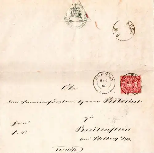 NDP 1869, nachverwendeter Preussen-K2 ROSSLA auf Brief m. 1 NGr.