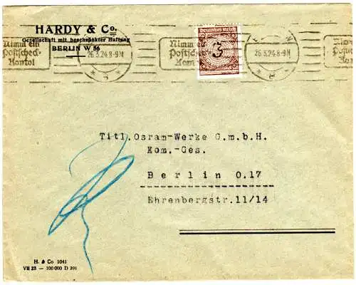 DR 1924, 3 Pf. m. perfins auf Firmen Orts-Brief v. Berlin