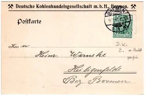 DR 1911, 5 Pf. Germania m. perfin Firmenlochung auf Karte v. Bremen 