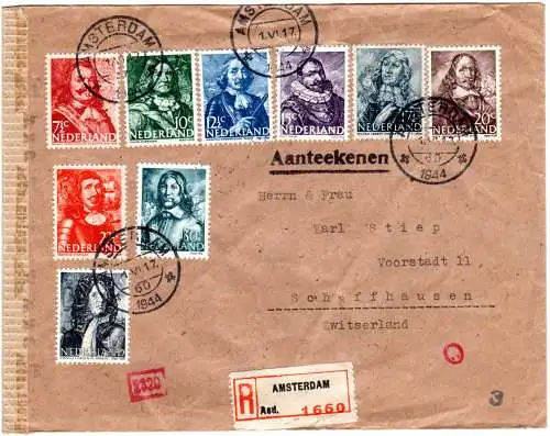 NL 1944, 9 Werte Seehelden auf Firmen Reko Zensur Brief v Amsterdam i.d. Schweiz
