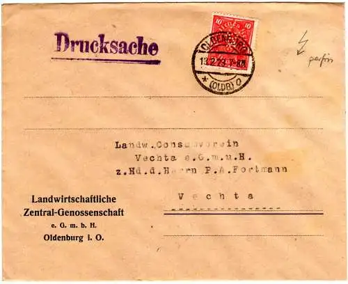 DR 1923, 10 Mk. m. Symbol-perfin auf Landwirtschafts Brief v. Oldenburg