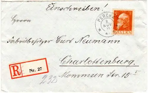 Bayern 1911, 30 Pf. Luitpold (Type I) auf Einschreiben Brief v. PERCHA