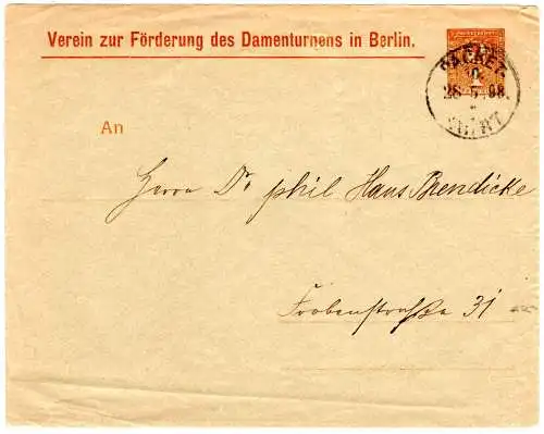 DR Stadtpost Berlin Packet Fahrt 1898, gebr. 1 Pf. Damenturnen Ganzsache Brief