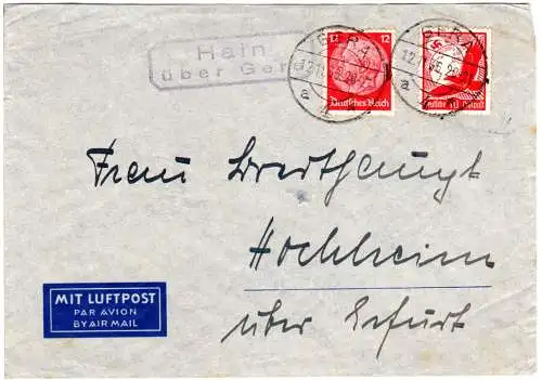 DR 1936, Landpost Stpl. HAIN über Gera auf Luftpostbrief m. 10+12 Pf.