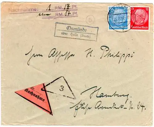 DR 1938, Landpost Stpl. OSMÜNDE über Halle auf Nachnahme-Brief m. 12+20 Pf.