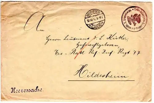 DR 1916, portofreier Heeressache Brief v. Münster (Lager) n. Hildesheim