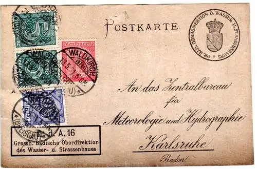 DR 1921, 10+20+2x5 Pf. Dienst auf Frei d. Ablösung Karte v. Waldkirch