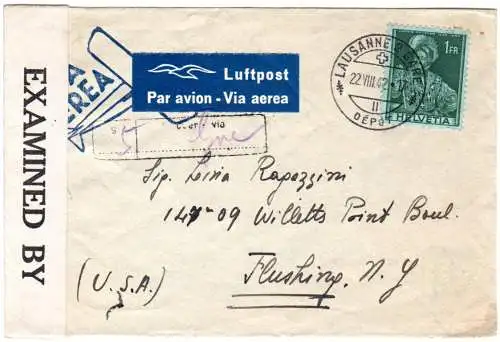 Schweiz 1942, EF 1 Fr. auf Luftpost Zensur Brief v. Lausanne via Genf n. USA