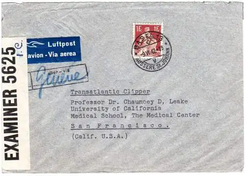Schweiz 1942, EF 1 Fr. auf Luftpost Zensur Brief v. Basel via Geneve n. USA