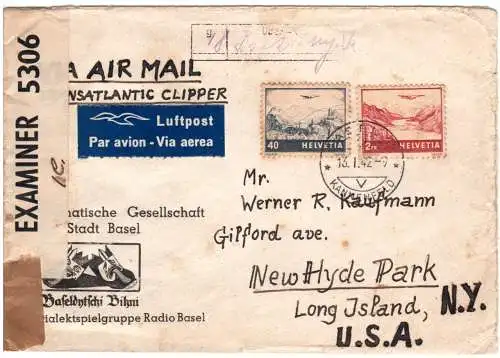 Schweiz 1942, 40 C.+2 Fr. auf Luftpost Zensur Brief v. Basel n. USA