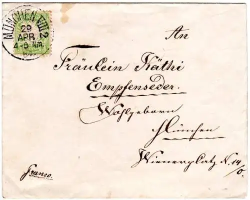 Bayern 1884, 3 Pf auf Brief m. K1 München VIII2, Haidhausen Filile Maximilianstr