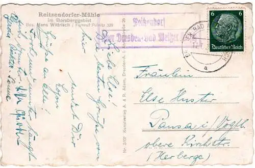 DR 1939, Landpost Stpl. REITZENDORF über Dresden Weisser H. auf sw-AK m. 6 Pfg. 