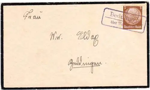 DR, Landpost Stpl. BEDDINGEN über Wolfenbüttel als Entwerter auf Brief m. 3 Pf.