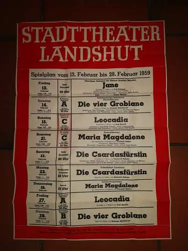 BRD 1959, 7 Pf. auf Stadttheater Landshut Spielplan Drucksache