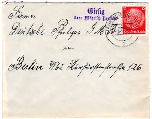 Böhmen u. Mähren 1939, Brief m. 12 Pf. u. L2 GIRSIG über Mährisch Neustadt 