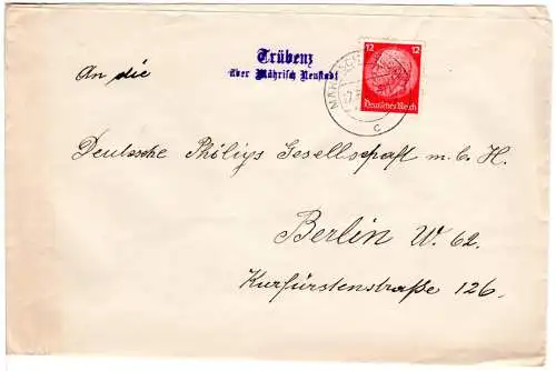 Böhmen u. Mähren 1939, Brief m. 12 Pf. u. L2 TRÜBENZ über Mährisch Neustadt 