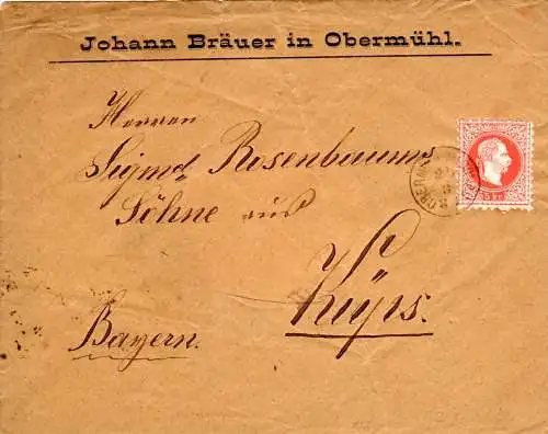 Österreich 1881, Fingerhutstpl. OBERMÜHL a/d DONAU auf Firmenbrief m. 5 Kr.