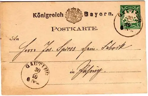 Bayern 1878, K1 GAUTING auf 5 Pf. Ganzsache n. Pasing.