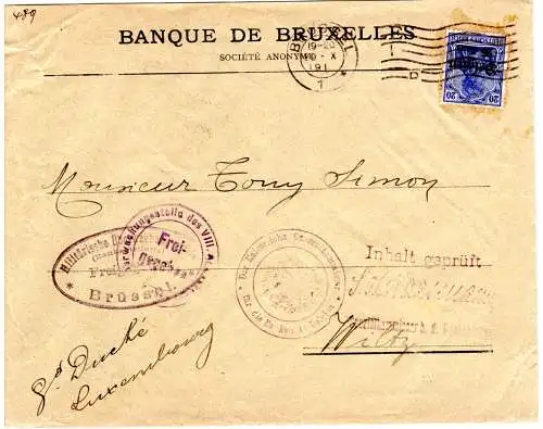 Belgien 1917, 20 Pf. auf Brief m. u.a. BANK ZENSUR v. Brüssel n. Luxemburg 