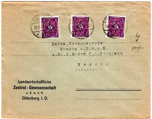 DR 1923, MeF 3x2 Mk. m. Symbol-perfin auf Landwirtschafts Brief v. Oldenburg