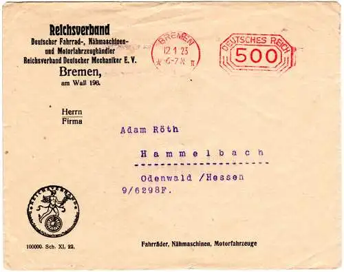 DR 1923, 500 Mk Post-Freistempel auf Fahrrad Verband Vordruck Umschlag v. Bremen