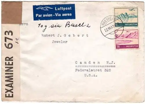 Schweiz 1941, 1 Fr+70 C. Flugmarken auf Luftpost Zensur Brief v. Rheineck n. USA
