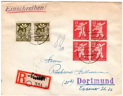 Berlin 1946, 4er-Block 12+2x30 Pf auf portorichtigem Einschreiben Brief v. Nauen