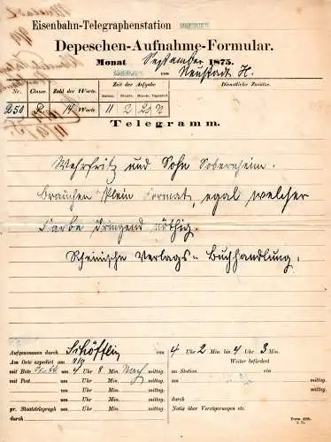 DR 1875, L1 SOBERNHEIM auf Eisenbahn Telegraphenstation Telegramm Formular