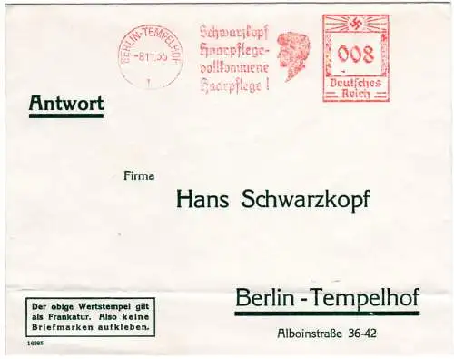 DR 1935, 8 Pf. AFS Schwarzkopf Haarpflege auf Orts-Brief v. Berlin-Tempelhof