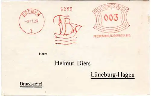DR 1928, 3 Pf. AFS Boehringer & Co. Freudenberg auf Drucksache Karte v. Bremen