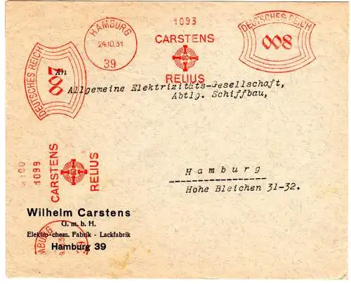 DR 1931, 7+8 Pf. AFS Carstens + Relius auf Firmen Orts-Brief v. Hamburg