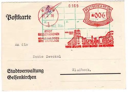DR 1938, 6 Pf. AFS Stadt Gelsenkirchen Hans Sachs-Haus auf Karte n. Gladbeck