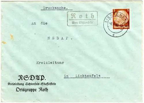 DR 1940, Landpoststpl. ROTH über Lichtenfels auf NSDAP Drucksache Brief m. 3 Pf.