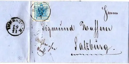 Österreich 1857, breitrandige 9 Kr. auf Muster ohne Wert Brief v. Bozen