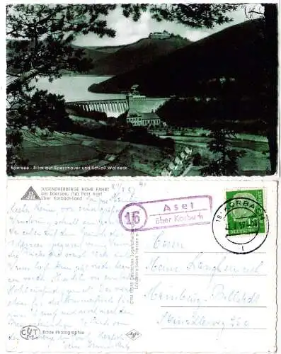 BRD 1957, Landpoststpl. 16 ASEL über Korbach auf Edersee sw-AK m. 10 Pf.