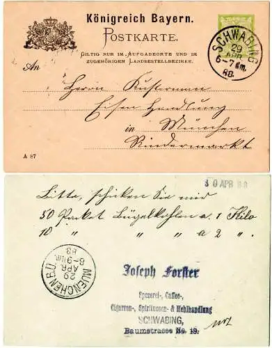 Bayern 1888, K1 SCHWABING klar auf 3 Pf. Orts Ganzsache m. rs. Absenderstempel